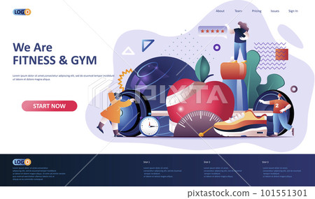 Fitness flat landing page template. Fitness center web banner. Healthy lifestyle and natural food, fitness motivation, sport equipment 3d composition, fit training. Web page vector illustration. Fitness flat landing page template. Fitness center web banner. Healthy lifestyle and natural food, fitness motivation, sport equipment 3d composition, fit training. Web page vector illustration. 101551301
