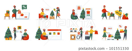 Christmas shopping bundle of scenes with flat people characters. Happy couple with bags, Christmas holidays shopping, winter season discounts situations. Xmas celebration cartoon vector illustration. 101551330