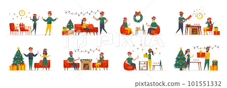 Clock chiming midnight on New Years Eve bundle of scenes with flat people characters. Happy couple together celebrating conceptual situations. Christmas winter holidays cartoon vector illustration. Clock chiming midnight on New Years Eve bundle of scenes with flat people characters. Happy couple together celebrating conceptual situations. Christmas winter holidays cartoon vector illustration. 101551332