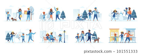 Family in winter park bundle of scenes with flat people characters. Parents with kids making snowman, snow sledding and walking dog situations. Wintertime holidays vacation cartoon vector illustration 101551333