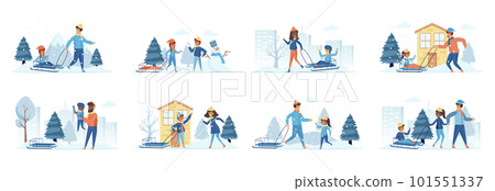 Snow sledding activities bundle of scenes with people characters. Parents with kids sledding slide outdoors at snowfall conceptual situations. Wintertime holidays vacation cartoon vector illustration. 101551337
