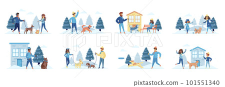 Dog walkers bundle of scenes with people characters. Happy people walking and playing with dogs in winter park situations. Wintertime holidays vacation and activities cartoon vector illustration. 101551340