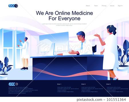 We are Online Medicine for everyone isometric landing page. Modern diagnostics and treatment in clinic isometry website. Doctor at workplace web concept, vector illustration with people characters. 101551364