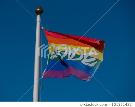 Rainbow flag with the inscription pride on the flagpole. Rainbow flag on a sky background. Rainbow flag with the inscription pride on the flagpole. Rainbow flag on a sky background. 101551422