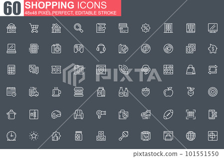 Shopping thin line icon set. Discount offer and retail sale outline pictograms for web and mobile app GUI. Supermarket shopping simple UI, UX. Grid 48x48 pixel perfect linear vector icons pack. Shopping thin line icon set. Discount offer and retail sale outline pictograms for web and mobile app GUI. Supermarket shopping simple UI, UX. Grid 48x48 pixel perfect linear vector icons pack. 101551550