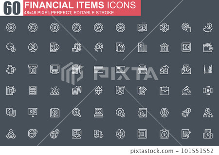 Financial items thin line icon set. Money exchange and stock trading outline pictograms for website and mobile app GUI. Economy simple UI, UX. Grid 48x48 pixel perfect linear vector icons pack. Financial items thin line icon set. Money exchange and stock trading outline pictograms for website and mobile app GUI. Economy simple UI, UX. Grid 48x48 pixel perfect linear vector icons pack. 101551552