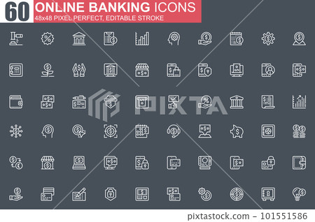 Online banking thin line icon set. Credit card payment outline pictograms for website and mobile app GUI. Financial services simple UI, UX. Grid 48x48 pixel perfect linear vector icons pack. Online banking thin line icon set. Credit card payment outline pictograms for website and mobile app GUI. Financial services simple UI, UX. Grid 48x48 pixel perfect linear vector icons pack. 101551586