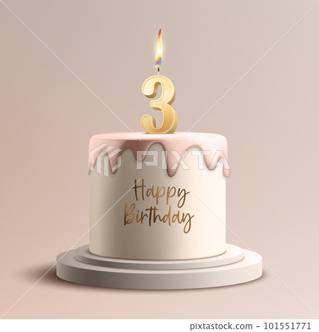 Three Years. Vector Birthday Anniversary Sweet Cake. Greeting Card, Banner with 3d Realistic Burning Golden Birthday Party Candle, Number, Flame. Icon Design Template for Birthday Concept. Front View Three Years. Vector Birthday Anniversary Sweet Cake. Greeting Card, Banner with 3d Realistic Burning Golden Birthday Party Candle, Number, Flame. Icon Design Template for Birthday Concept. Front View 101551771