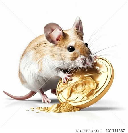 Little gray mouse nibbles on a gold coin, isolated on white close-up. Funny fantasy illustration with animal, 101551887
