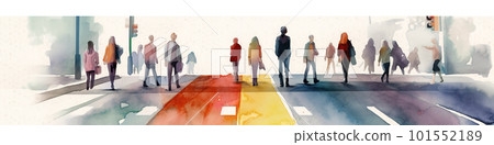 A group of people walking across a cross walk. AI generative image 101552189