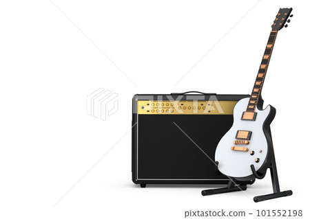 Classical amplifier with acoustic guitar on stand isolated on white background. 101552198