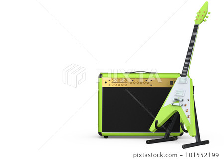 Classical amplifier with acoustic guitar on stand isolated on white background. Classical amplifier with acoustic guitar on stand isolated on white background. 101552199