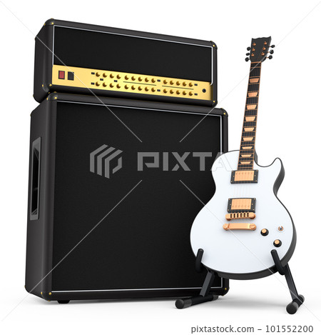 Classical amplifier with acoustic guitar on stand isolated on white background. Classical amplifier with acoustic guitar on stand isolated on white background. 101552200