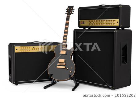Classical amplifier with acoustic guitar on stand isolated on white background. 101552202