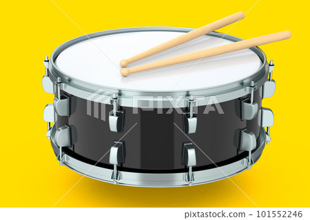 Realistic drum and wooden drum sticks on yellow. 3d render of musical instrument 101552246