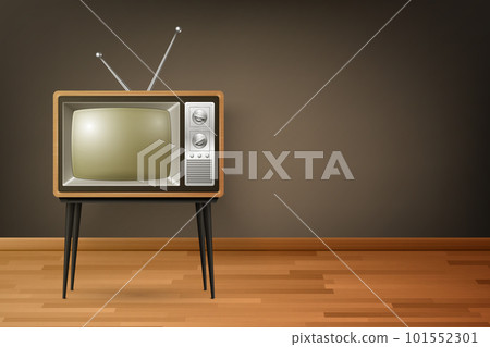 Vector 3d Realistic Retro TV Receiver on Wooden Floor. Home Interior Design Concept. Vintage TV Set, Television, Front View Vector 3d Realistic Retro TV Receiver on Wooden Floor. Home Interior Design Concept. Vintage TV Set, Television, Front View 101552301