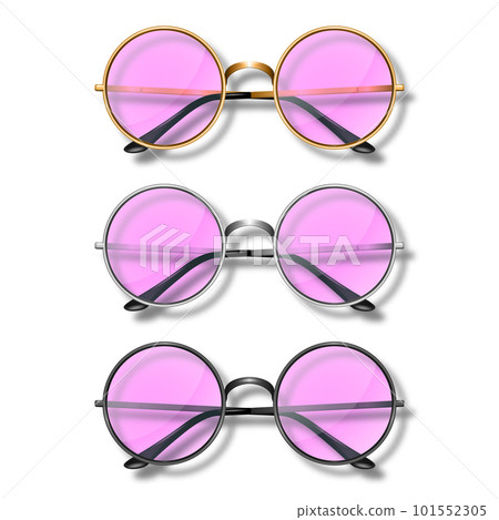 Vector 3d Realistic Frame Glasses with Pink Glass. Golden, Silver, Black Color Frame. Pink Transparent Sunglasses for Women and Men, Accessory. Optics, Lens, Vintage, Trendy Glasses. Front View 101552305