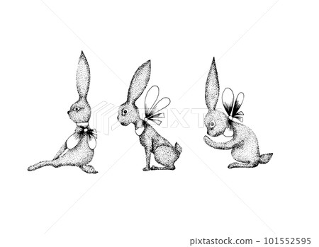 Easter Bunnies. Graphic illustration in pointillism style. Set of three hares for your design Easter Bunnies. Graphic illustration in pointillism style. Set of three hares for your design 101552595