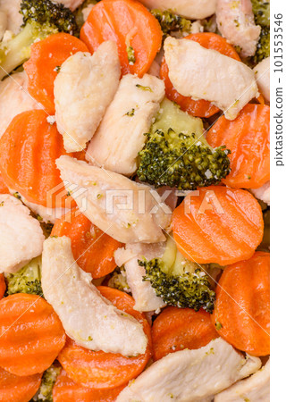 Delicious dish consisting of pieces of boiled chicken, broccoli and carrots Delicious dish consisting of pieces of boiled chicken, broccoli and carrots 101553546