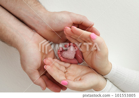 Feet, toes, heels of a newborn. Children's foot in the hands of mother, father, parents with a knitted pink heart. The legs of the child in the arms of mom and dad. On a white background. Feet, toes, heels of a newborn. Children's foot in the hands of mother, father, parents with a knitted pink heart. The legs of the child in the arms of mom and dad. On a white background. 101553805