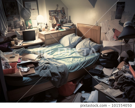 A messy bedroom with a messy bed and messy desk. AI generative image A messy bedroom with a messy bed and messy desk. AI generative image 101554050