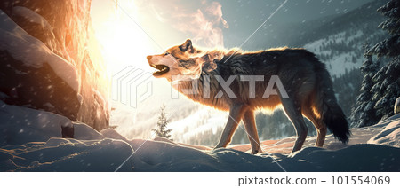 A wolf standing in the snow with its mouth open. AI generative image 101554069
