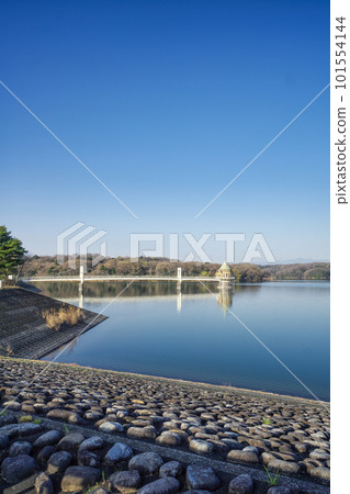 櫻花盛開時晴朗天氣下的狹山湖湖面和取水塔 櫻花盛開時晴朗天氣下的狹山湖湖面和取水塔 101554144