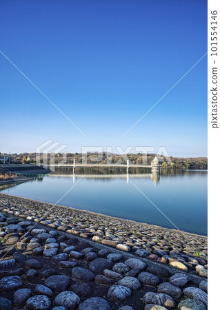 櫻花盛開時晴朗天氣下的狹山湖湖面和取水塔 101554146