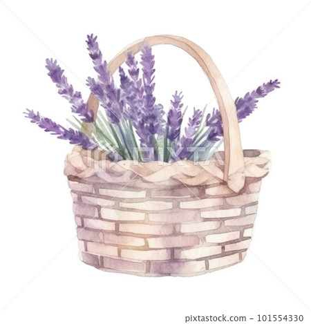 Watercolor lavender flowers in basket. Illustration AI Generative Watercolor lavender flowers in basket. Illustration AI Generative 101554330
