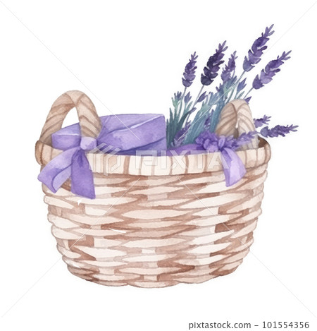 Watercolor lavender flowers in basket. Illustration AI Generative Watercolor lavender flowers in basket. Illustration AI Generative 101554356