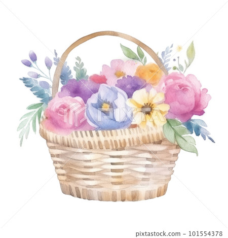 Watercolor summer flowers in basket.... - Stock Illustration [101554378 ...