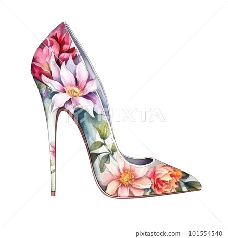 Watercolor stiletto heel with flowers Illustration AI Generative 101554540