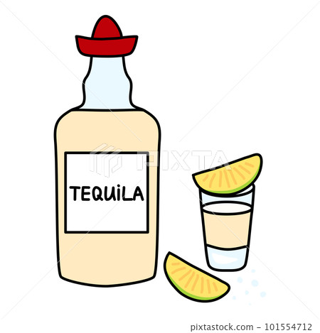 Alcohol drink Tequila, yellow bottle with red hat, glass shot with slice of lime and salt, vector 101554712