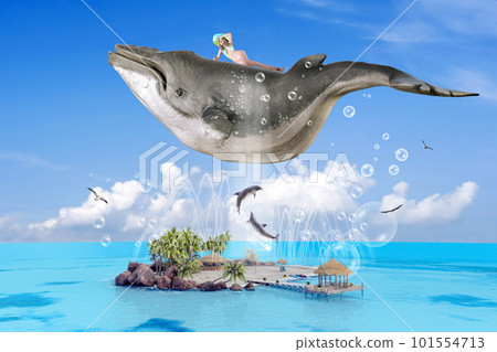 A beautiful woman in a swimsuit flying on a whale over a solitary island in the midsummer sea 101554713