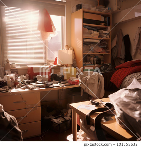 A messy room with a desk and a window. AI generative image 101555632