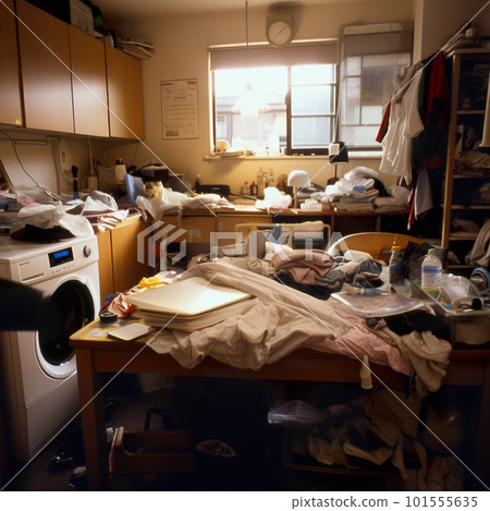A messy kitchen with a washing machine in the corner. AI generative image 101555635