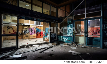 A run down building with broken windows and graffiti on the walls. AI generative image 101555645