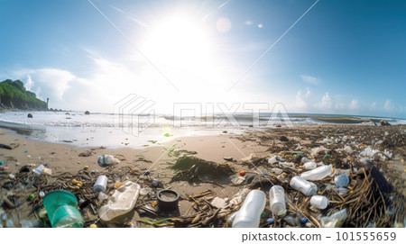 A beach filled with lots of trash next to the ocean. AI generative image A beach filled with lots of trash next to the ocean. AI generative image 101555659