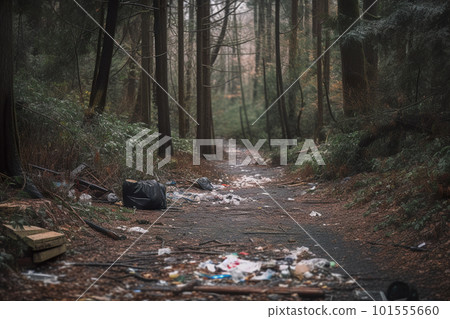 A trail in the woods with trash on the ground. AI generative image 101555660