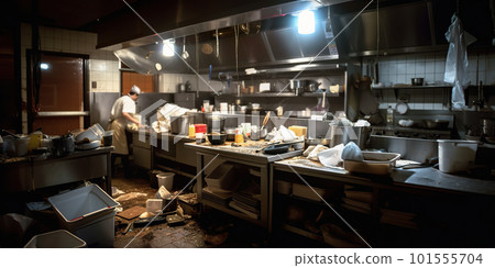 A kitchen with a lot of clutter on the floor. AI generative image 101555704