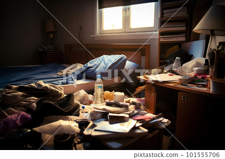 A messy bedroom with a bottle of water on the bed. AI generative image A messy bedroom with a bottle of water on the bed. AI generative image 101555706