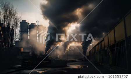 Smoke billows from the stacks of industrial buildings. AI generative image 101555707