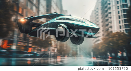 A futuristic car flying through the air over a city. AI generative image 101555730