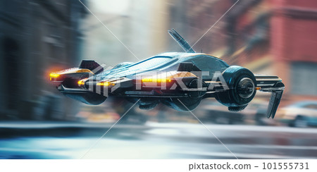 A futuristic car flying through the air over a city. AI generative image 101555731