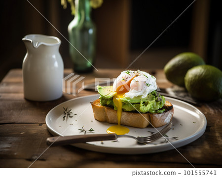 A white plate topped with an egg and avocado. AI generative image 101555741