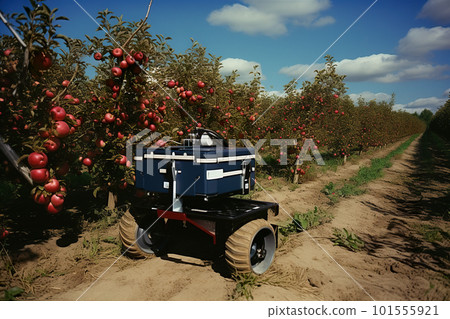 A robotic harverster of apples in an apple orchard. AI generative image A robotic harverster of apples in an apple orchard. AI generative image 101555921