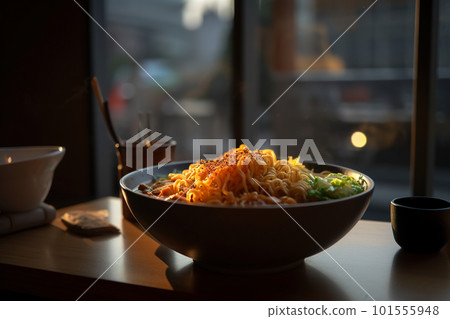 A bowl of noodles sits on a table. AI generative image 101555948