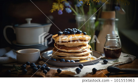A stack of pancakes with blueberries on a plate. AI generative image 101555963