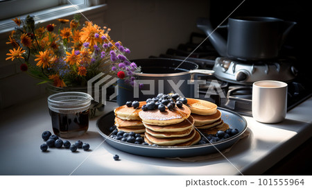 A plate of pancakes with blueberries and syrup. AI generative image A plate of pancakes with blueberries and syrup. AI generative image 101555964