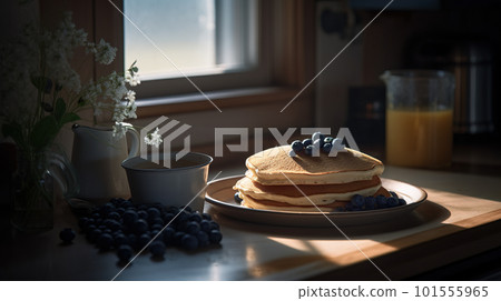A stack of pancakes sitting on top of a plate next to a cup of coffee. AI generative image 101555965